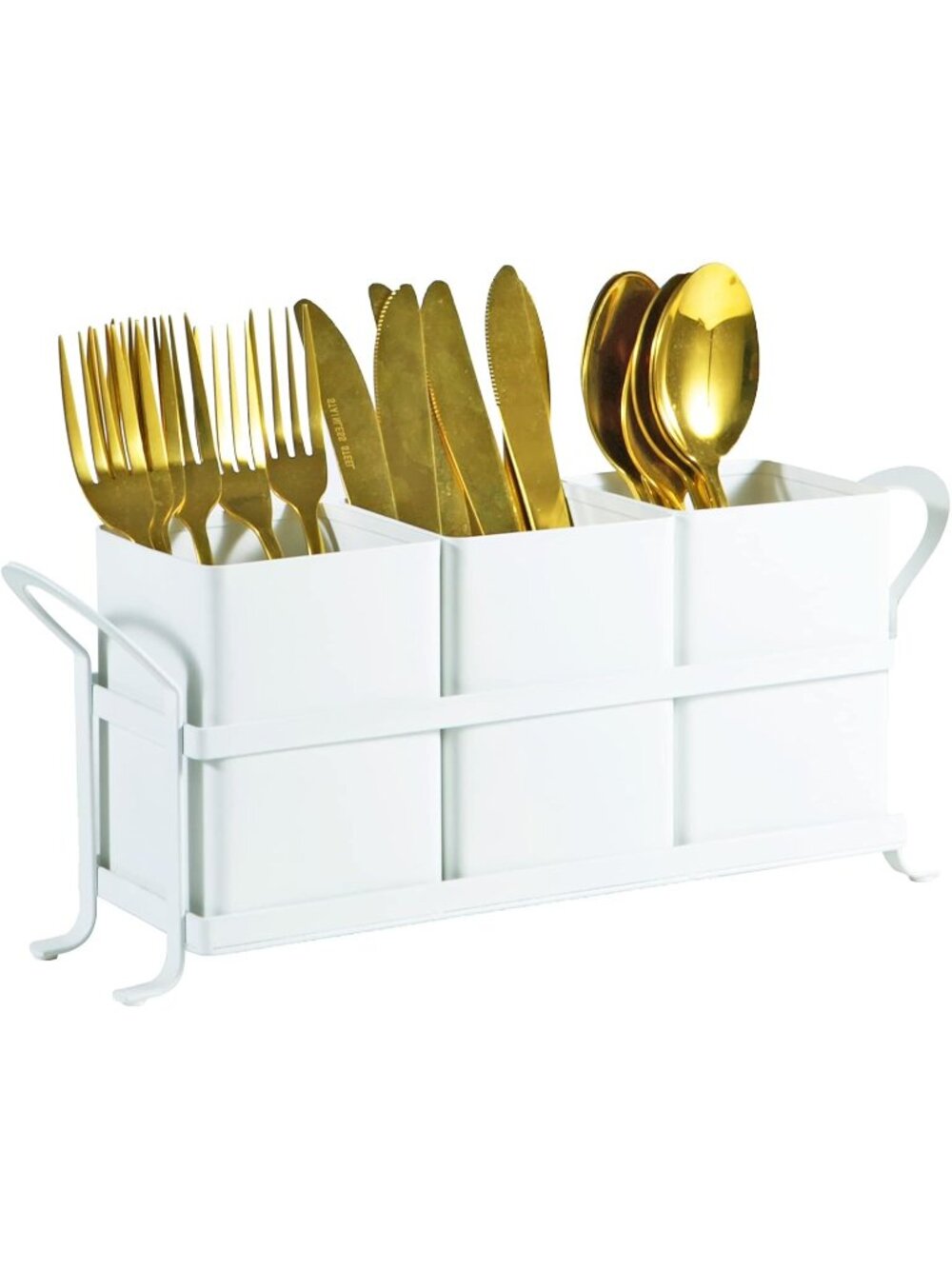 New White Metal Utensil Caddy 3 Compartments Portable Counter Camping Tray